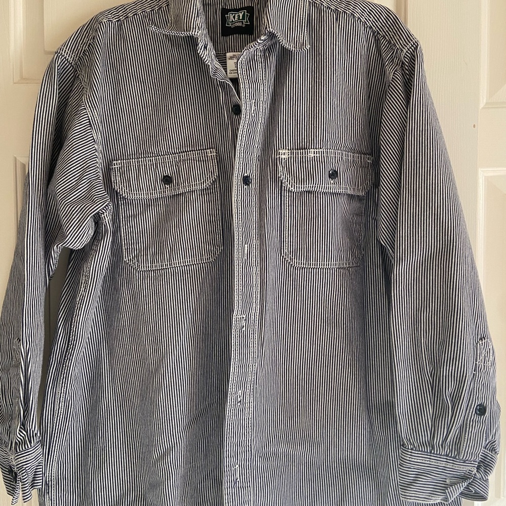 Key brand Striped Denim Button-Up Shirt railroad hickory